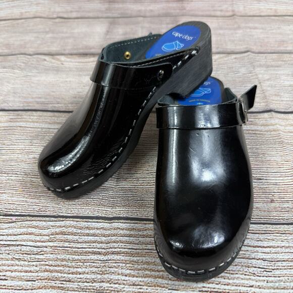 Torpatoffeln Black Patent Leather Cape Clogs Mules Size 36 (5.5/6) Wooden Heel - Picture 15 of 16